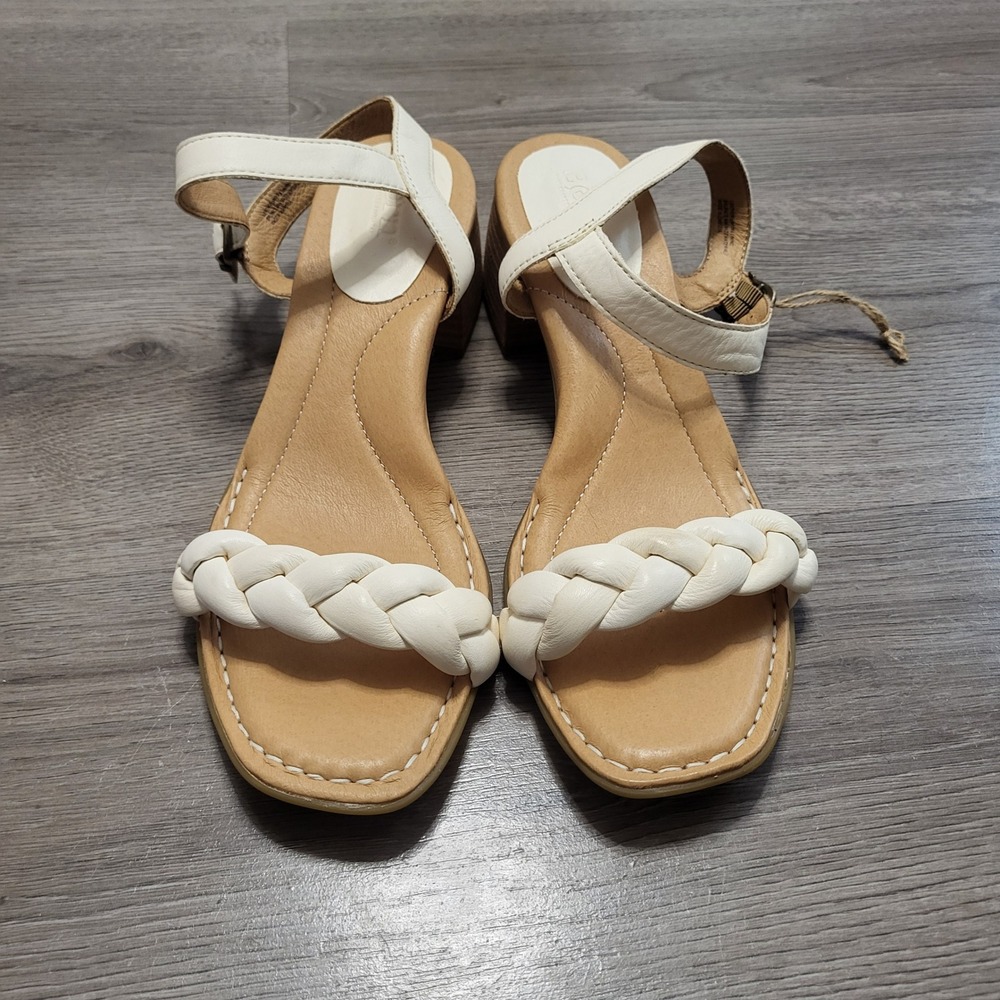 Born Cream Leather Braided Strap Block Heel Sandals Comfort Casual Women Size 11 - Picture 3 of 10